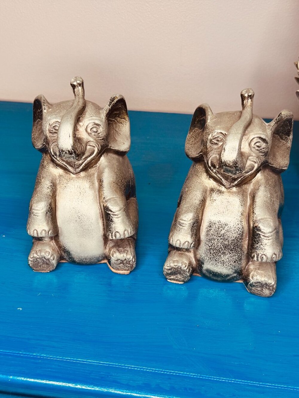Vintage PM Craftsman Cast Metal Seated Elephant Bookends Pair Trunk Up Good Luck